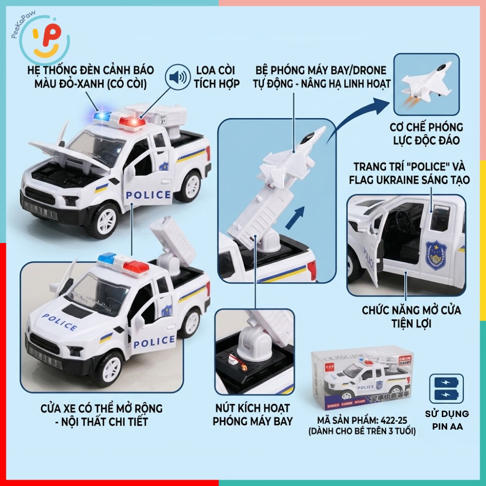 Xe cảnh sát phóng máy bay mở cửa có đèn còi chạy pin A422-25 PeeKaPaw Toys