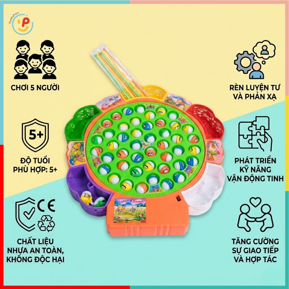 Hồ câu cá 45 con cá 5 người chơi tự xoay có nhạc 9259 PeeKaPaw Toys