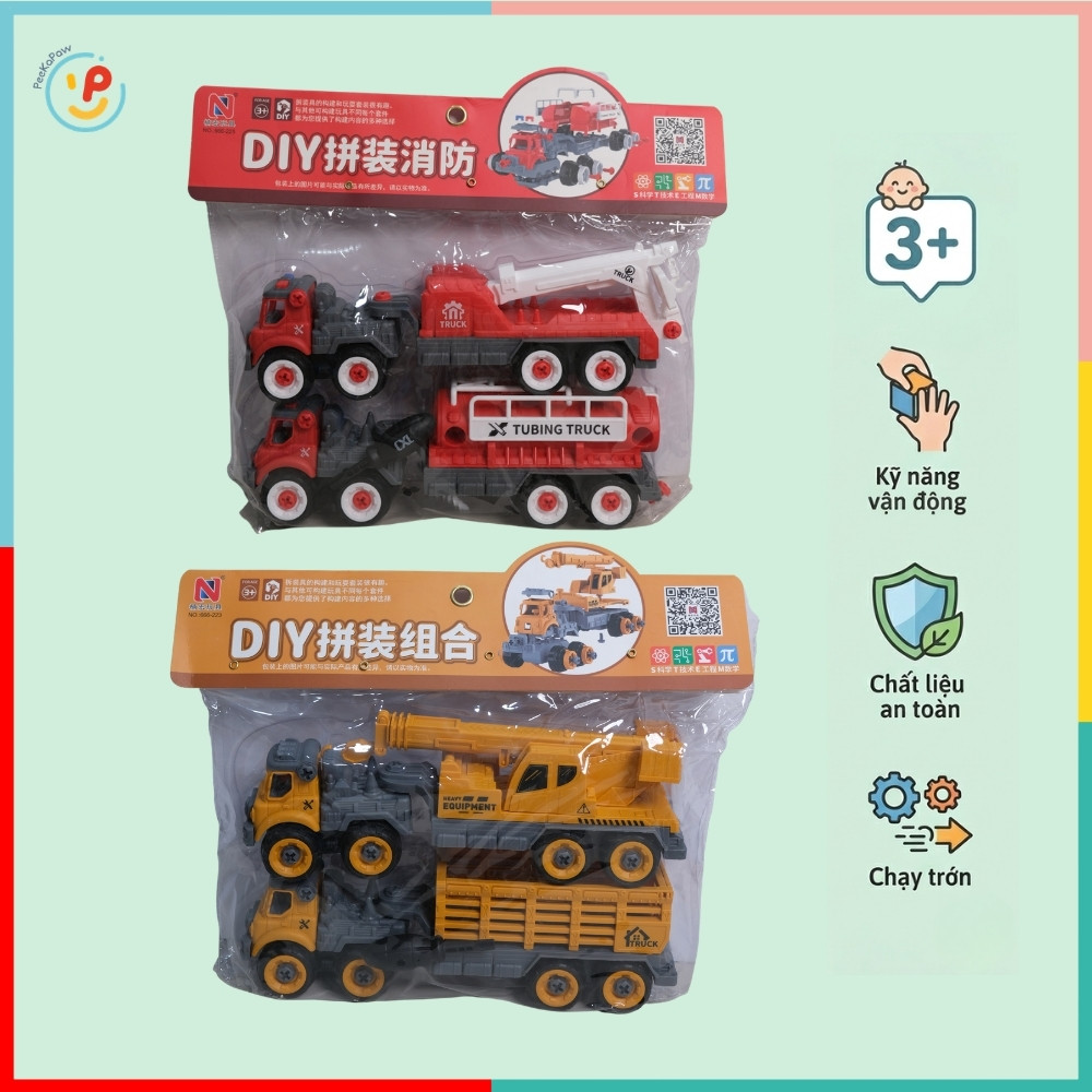 Túi 2 xe cứu hỏa xe công trình chạy đà trớn cho bé tập sửa chữa 666-223 PeeKaPaw Toys