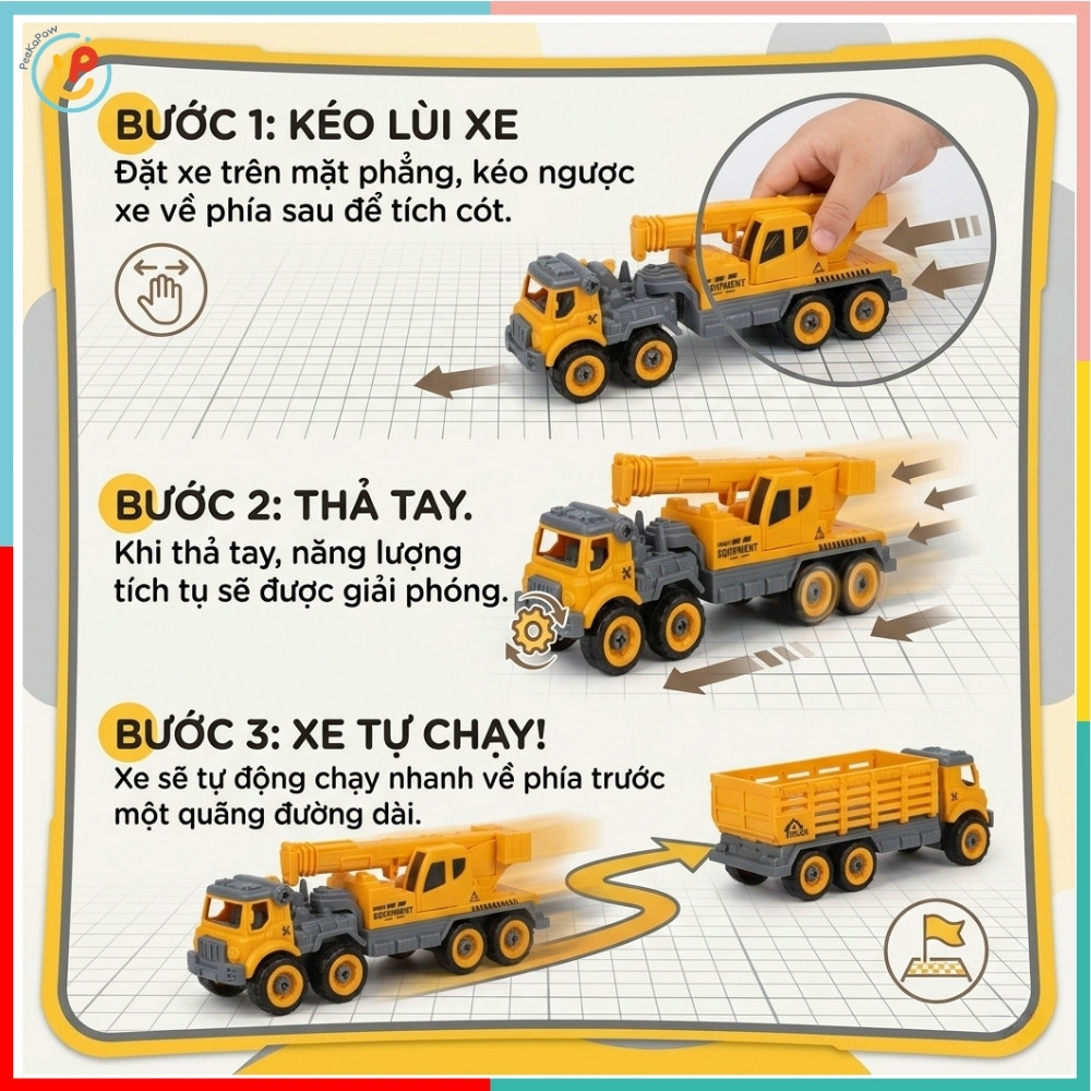 Túi 2 xe cứu hỏa xe công trình chạy đà trớn cho bé tập sửa chữa 666-223 PeeKaPaw Toys