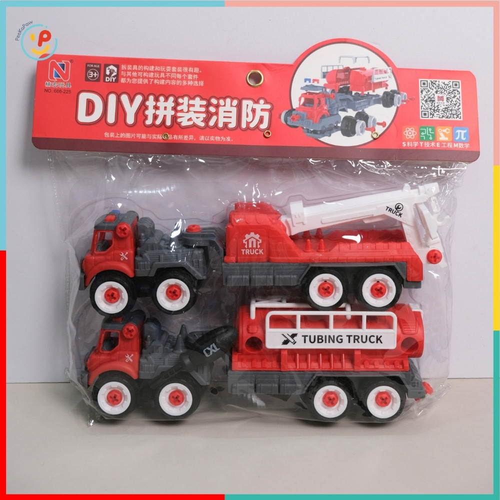 Túi 2 xe cứu hỏa xe công trình chạy đà trớn cho bé tập sửa chữa 666-223 PeeKaPaw Toys