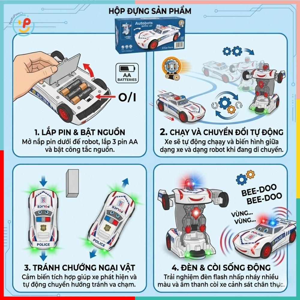 Xe cảnh sát chạy pin biến hình robot có đèn nhạc YJ388-71 PeeKaPaw Toys