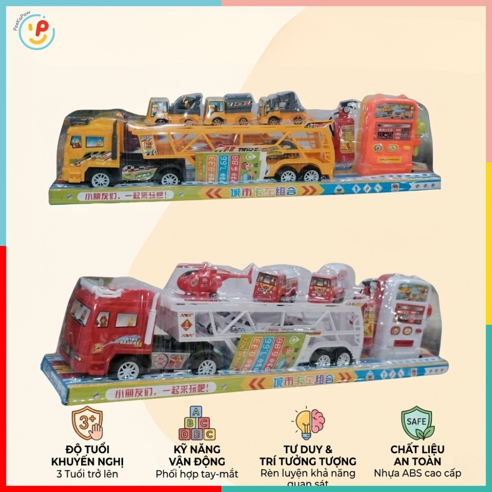 Xe Tải Chở Xe Cứu Hỏa Xe Công Trình Có Trạm Xăng 50588 PeeKaPaw Toys