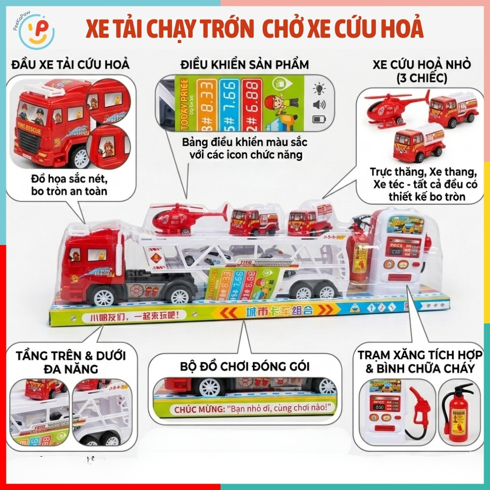 Xe Tải Chở Xe Cứu Hỏa Xe Công Trình Có Trạm Xăng 50588 PeeKaPaw Toys