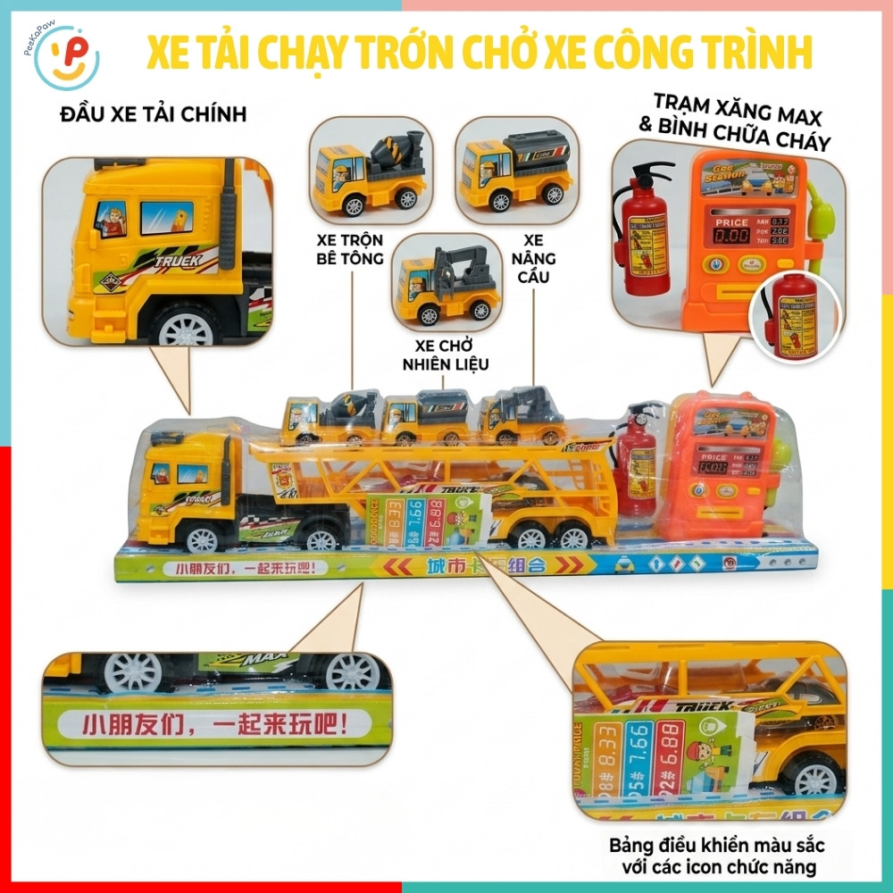 Xe Tải Chở Xe Cứu Hỏa Xe Công Trình Có Trạm Xăng 50588 PeeKaPaw Toys