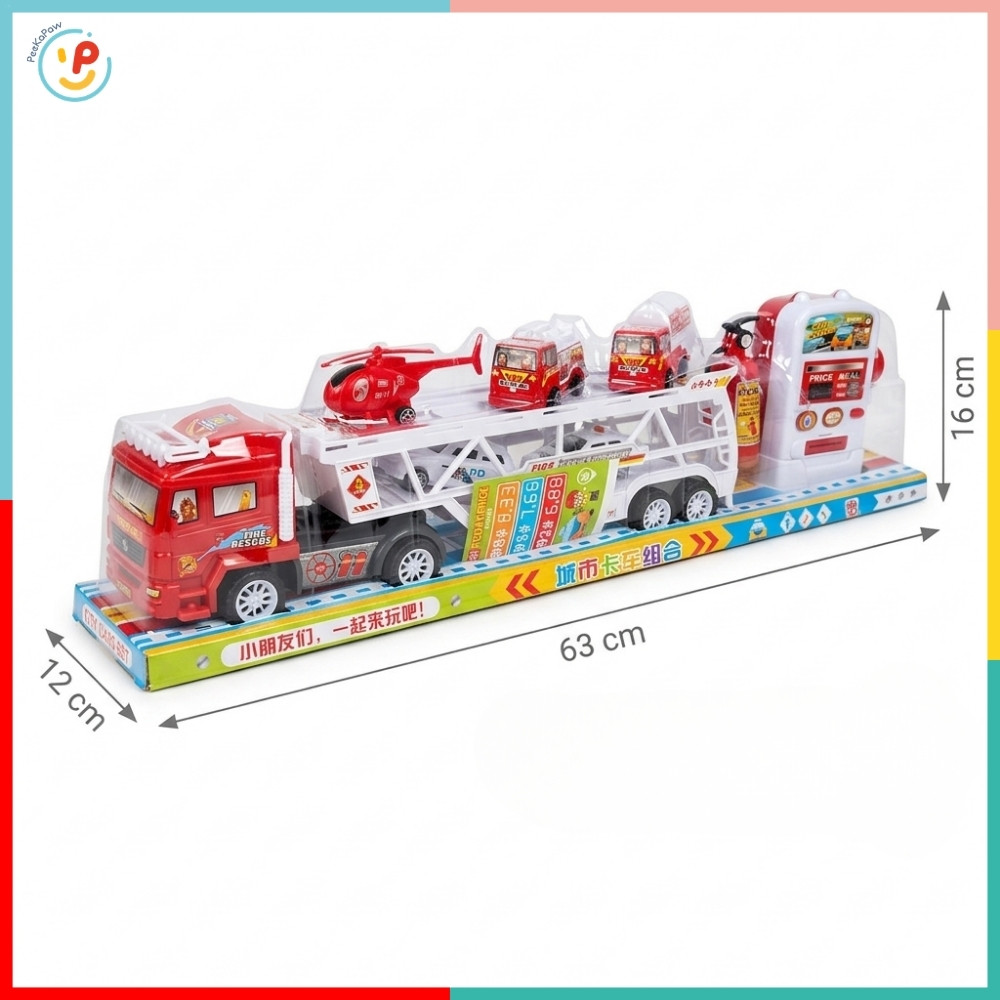 Xe Tải Chở Xe Cứu Hỏa Xe Công Trình Có Trạm Xăng 50588 PeeKaPaw Toys