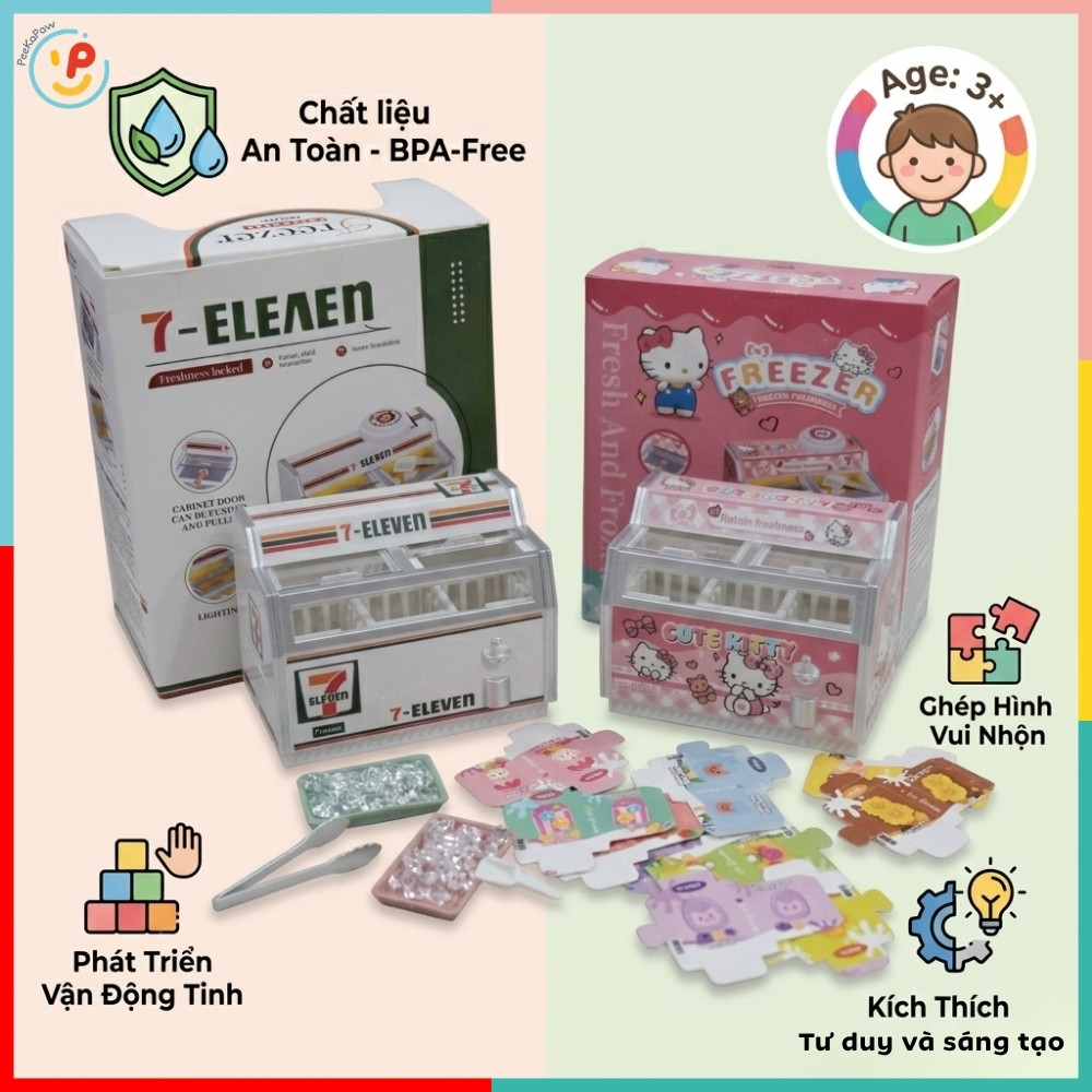 Tủ Đông Mini Đồ Chơi Mô Hình Có Đèn Hello Kitty 7 Eleven Cho Bé 2030-275A PeeKaPaw Toys