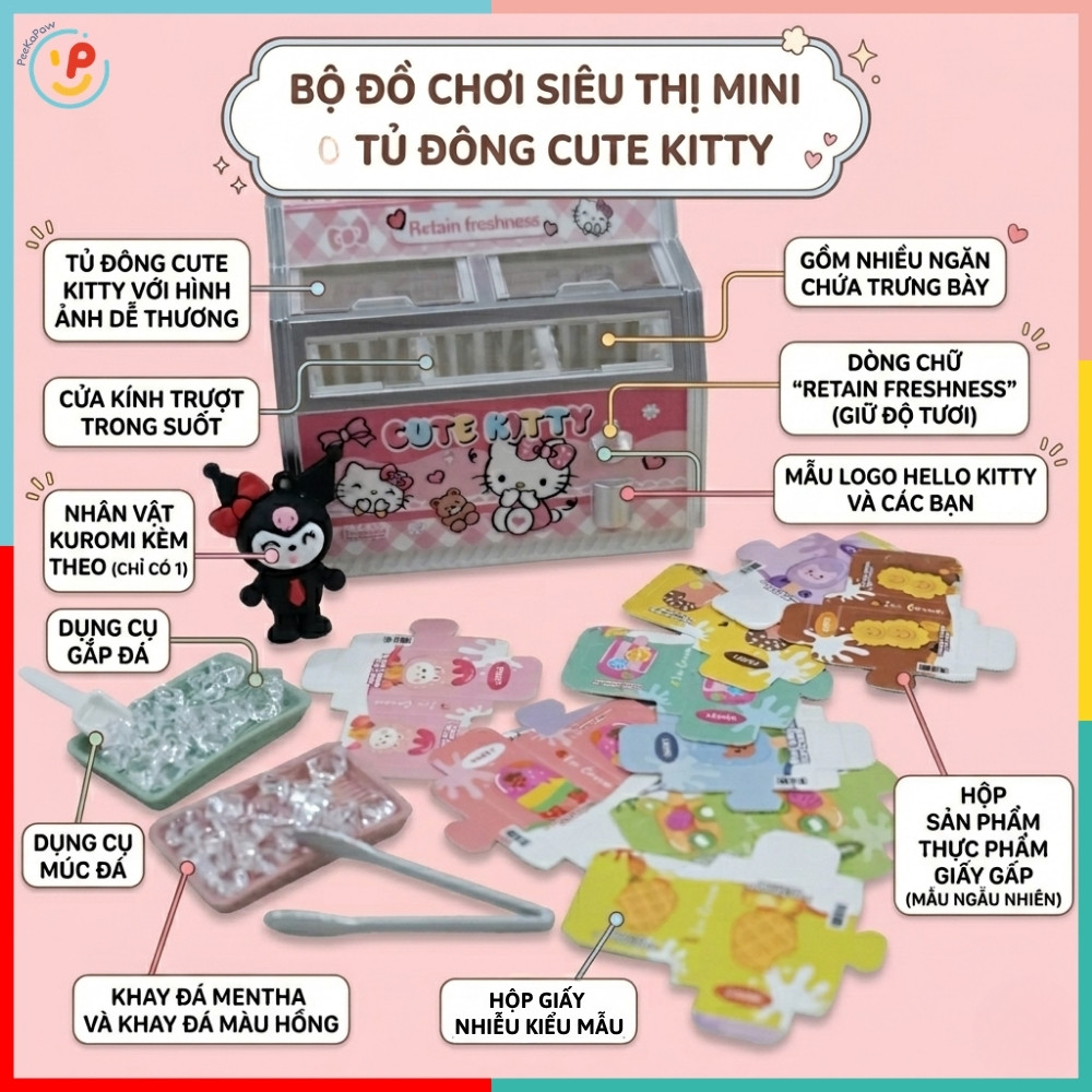 Tủ Đông Mini Đồ Chơi Mô Hình Có Đèn Hello Kitty 7 Eleven Cho Bé 2030-275A PeeKaPaw Toys