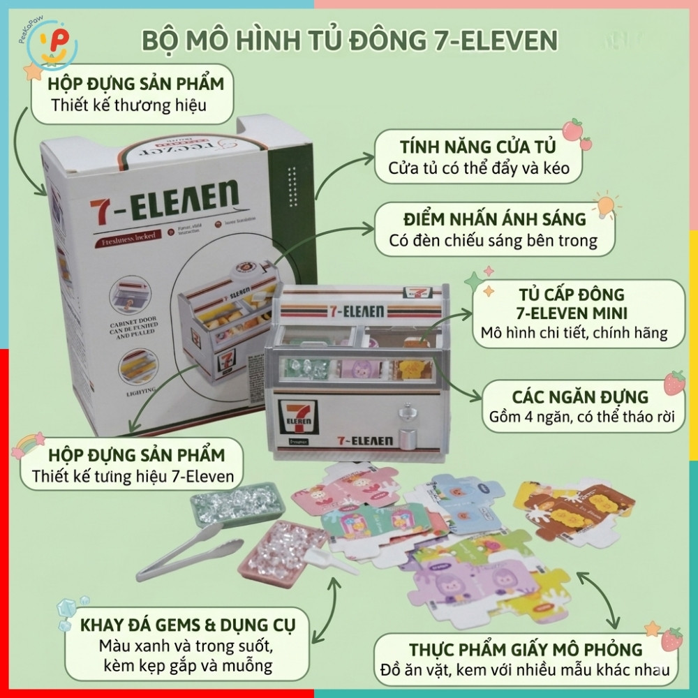 Tủ Đông Mini Đồ Chơi Mô Hình Có Đèn Hello Kitty 7 Eleven Cho Bé 2030-275A PeeKaPaw Toys