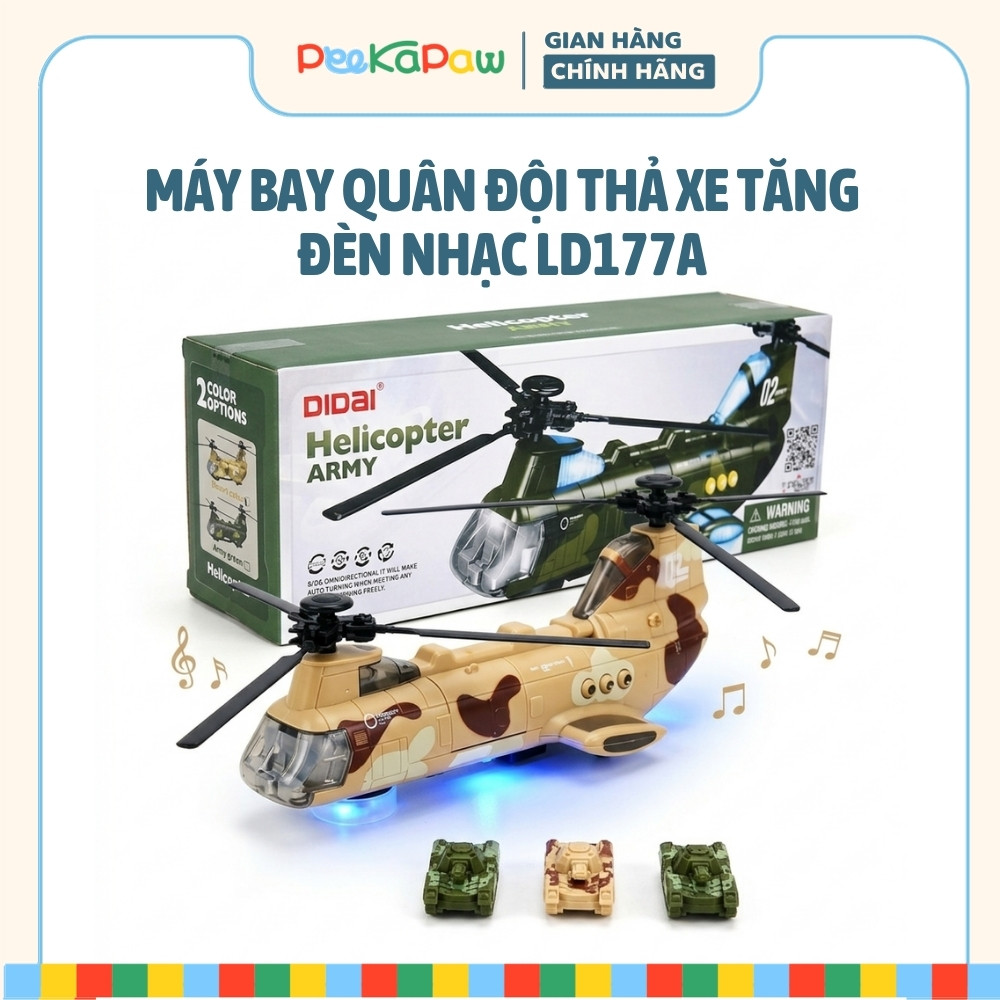 Máy Bay Trực Thăng Quân Đội Thả Xe Tăng Có Đèn Nhạc LD177A PeeKaPaw Toys