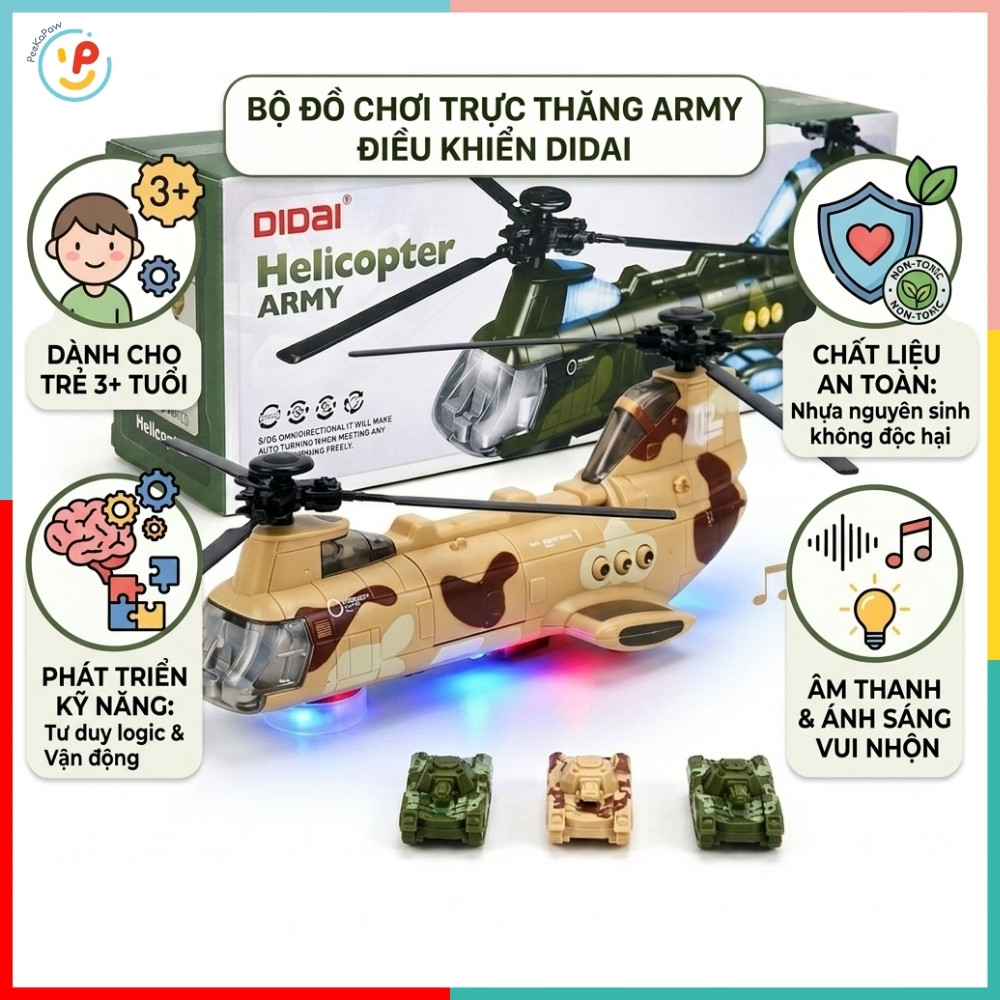 Máy Bay Trực Thăng Quân Đội Thả Xe Tăng Có Đèn Nhạc LD177A PeeKaPaw Toys