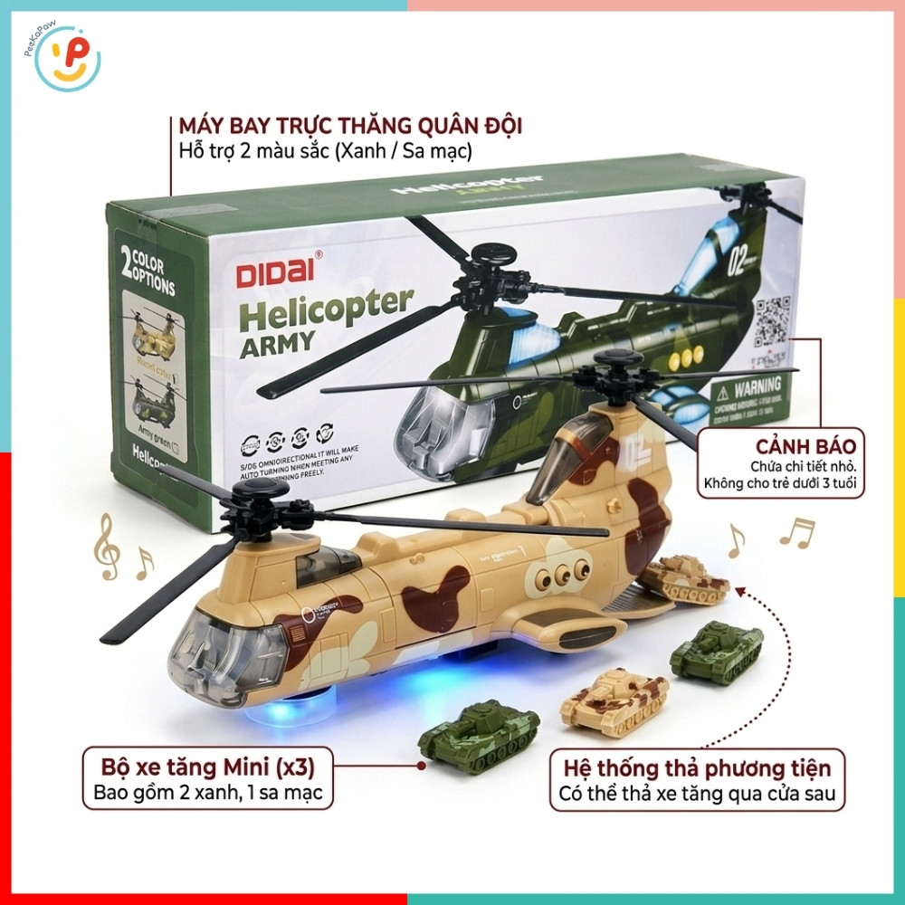 Máy Bay Trực Thăng Quân Đội Thả Xe Tăng Có Đèn Nhạc LD177A PeeKaPaw Toys