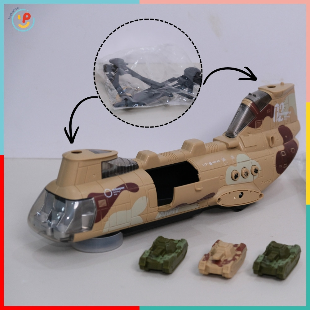 Máy Bay Trực Thăng Quân Đội Thả Xe Tăng Có Đèn Nhạc LD177A PeeKaPaw Toys