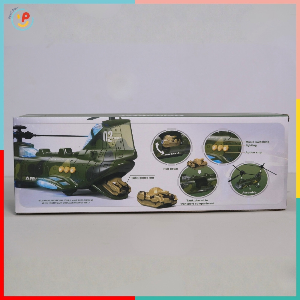 Máy Bay Trực Thăng Quân Đội Thả Xe Tăng Có Đèn Nhạc LD177A PeeKaPaw Toys