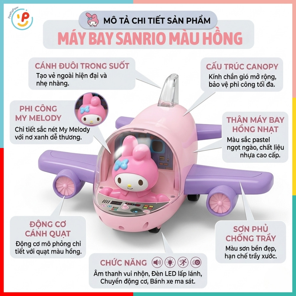 Máy Bay Đồ Chơi Melody Màu Hồng Tím Có Đèn Nhạc 9946 PeeKaPaw Toys