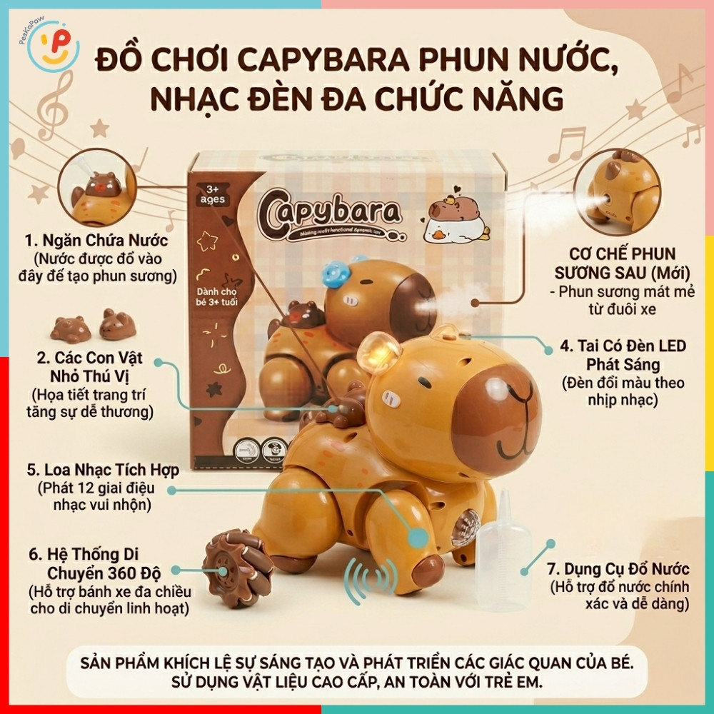 Đồ Chơi Capybara Chuột Lang Phun Nước Có Nhạc Đèn LED QF338-7C PeeKaPaw Toys