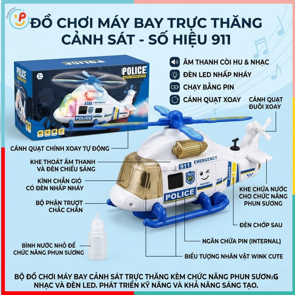 Máy Bay Trực Thăng Cảnh Sát Phun Khói 8842 Có Đèn Nhạc PeeKaPaw Toys
