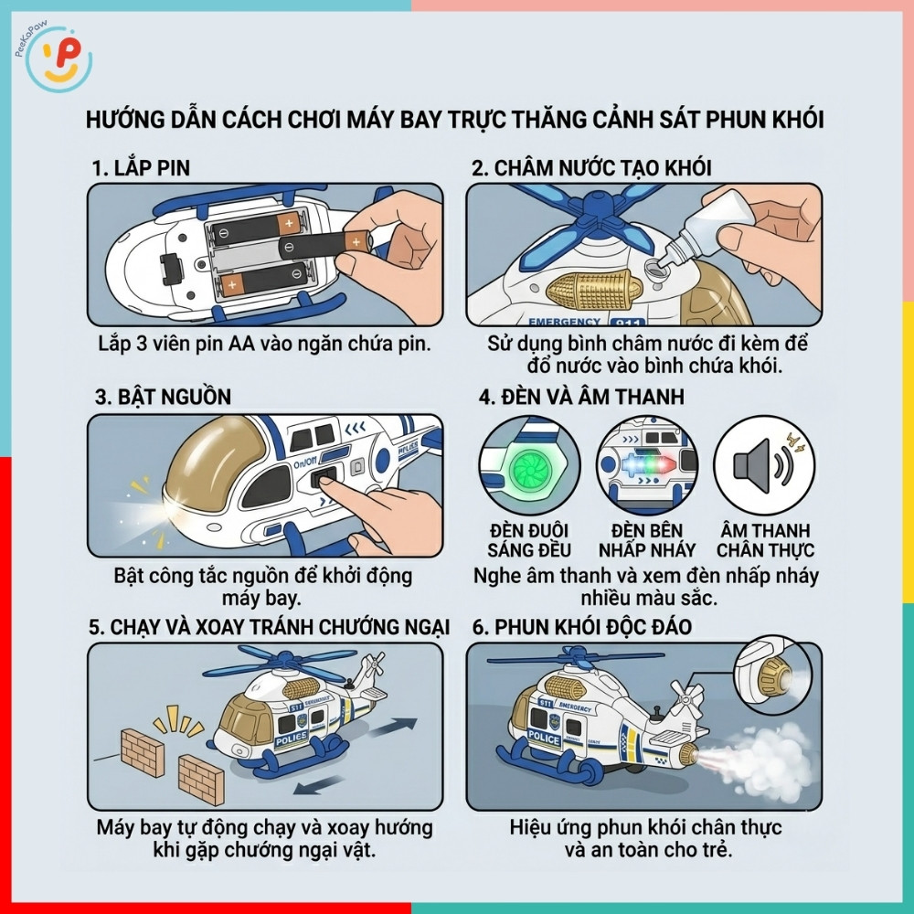 Máy Bay Trực Thăng Cảnh Sát Phun Khói 8842 Có Đèn Nhạc PeeKaPaw Toys