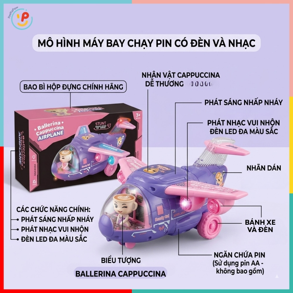 Máy Bay Ballerina Cappuccina 8866 Có Đèn Nhạc Chạy Pin PeeKaPaw Toys