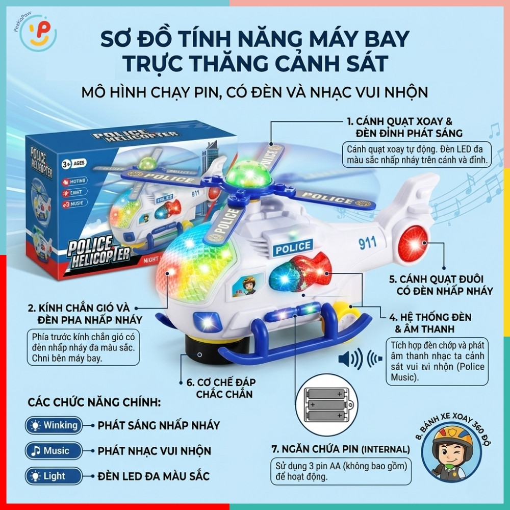 Máy Bay Trực Thăng Cảnh Sát Đồ Chơi 8641 Có Đèn Nhạc Xoay Cánh PeeKaPaw Toys