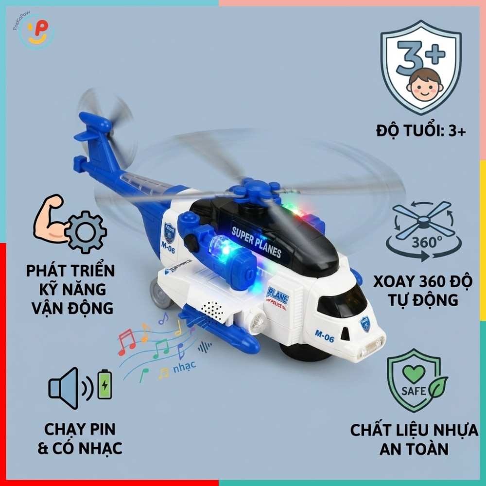 Máy Bay Trực Thăng Xoay 360 Độ Có Đèn Nhạc 332-4 PeeKaPaw Toys