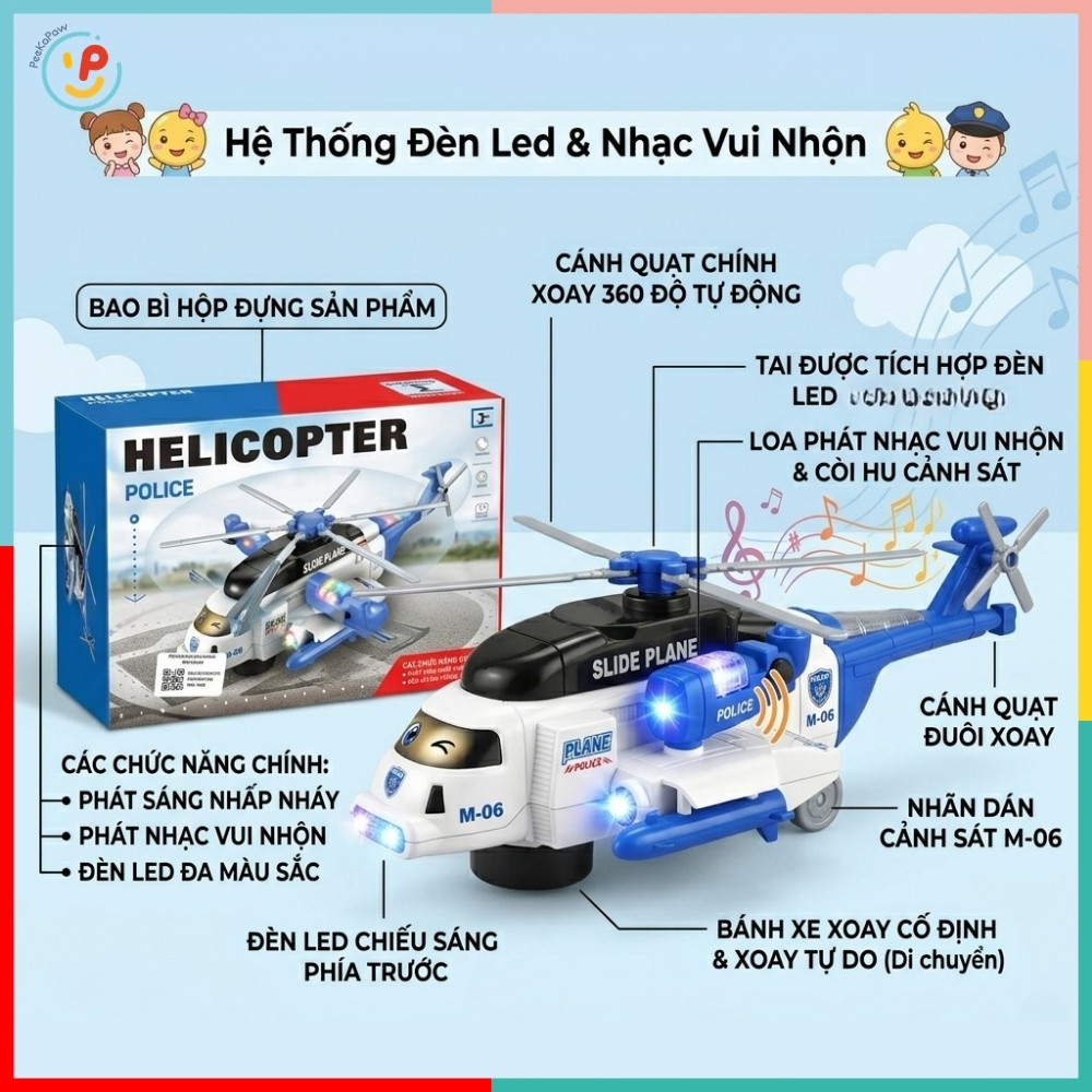 Máy Bay Trực Thăng Xoay 360 Độ Có Đèn Nhạc 332-4 PeeKaPaw Toys