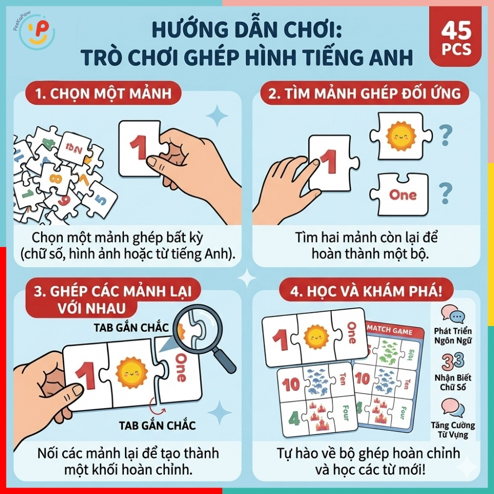 Đồ Chơi Ghép Hình Học Số Và Tiếng Anh Match Game 45 Chi Tiết Cho Bé PeeKaPaw Toys
