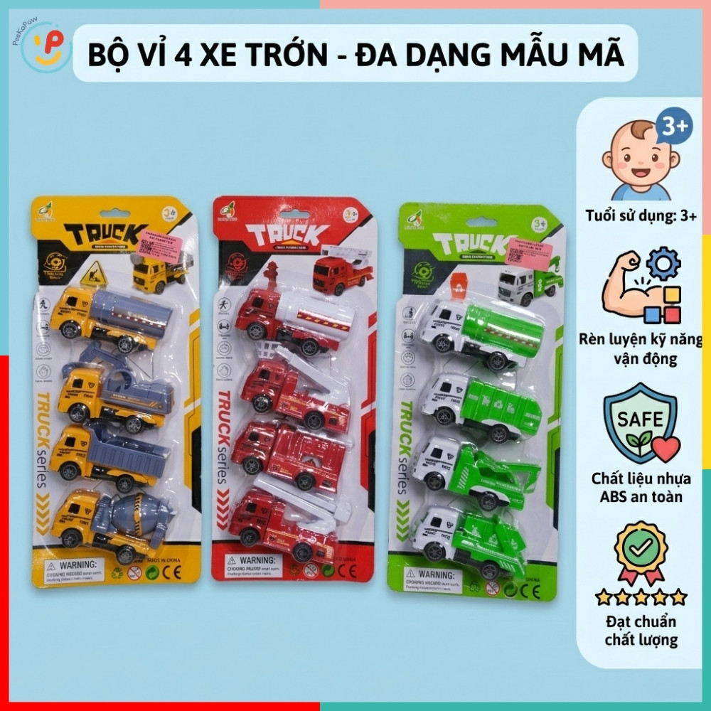 Vỉ 4 Xe Công Trình Xe Cứu Hỏa Xe Môi Trường Mini Chạy Trớn Cho Bé XY328-B4 PeeKaPaw Toys