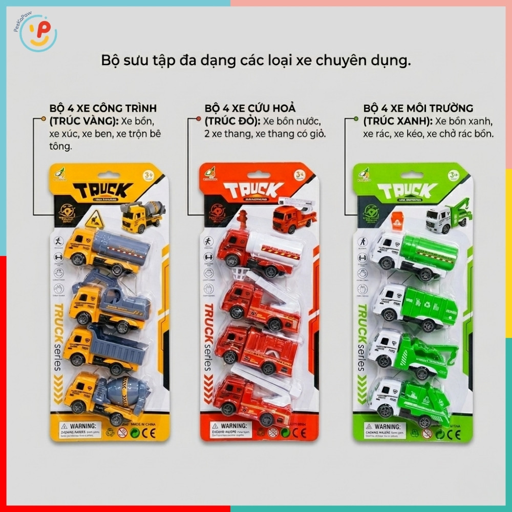 Vỉ 4 Xe Công Trình Xe Cứu Hỏa Xe Môi Trường Mini Chạy Trớn Cho Bé XY328-B4 PeeKaPaw Toys