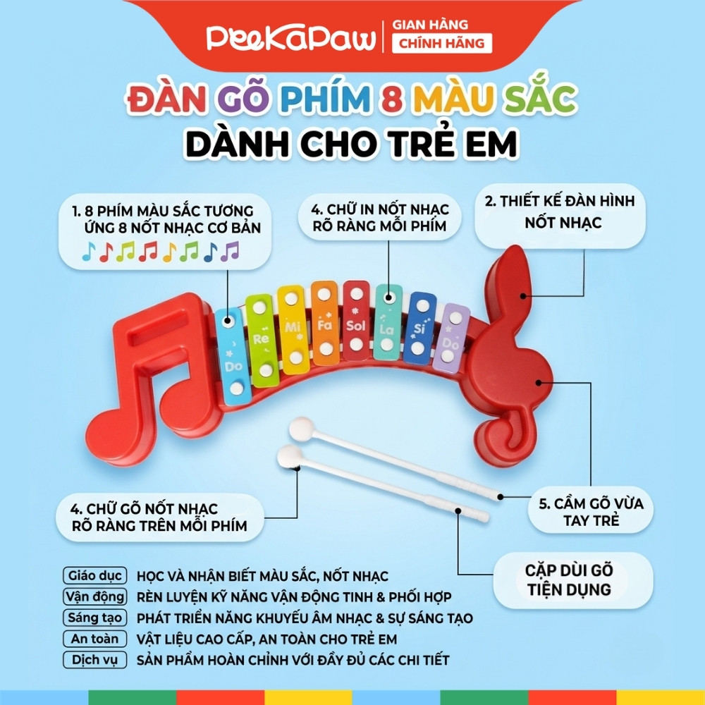 Đàn Gõ 8 Phím Hình Nốt Nhạc Đỏ Đồ Chơi Âm Nhạc Cho Bé 978-4 PeeKaPaw Toys
