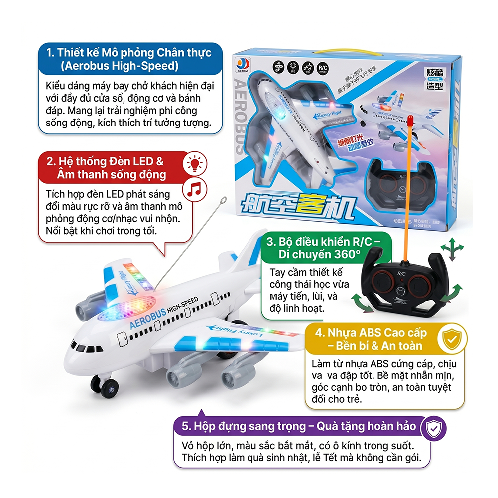 Máy Bay Airbus Điều Khiển Từ Xa Có Đèn Led Âm Thanh YD32 PeeKaPaw Toys