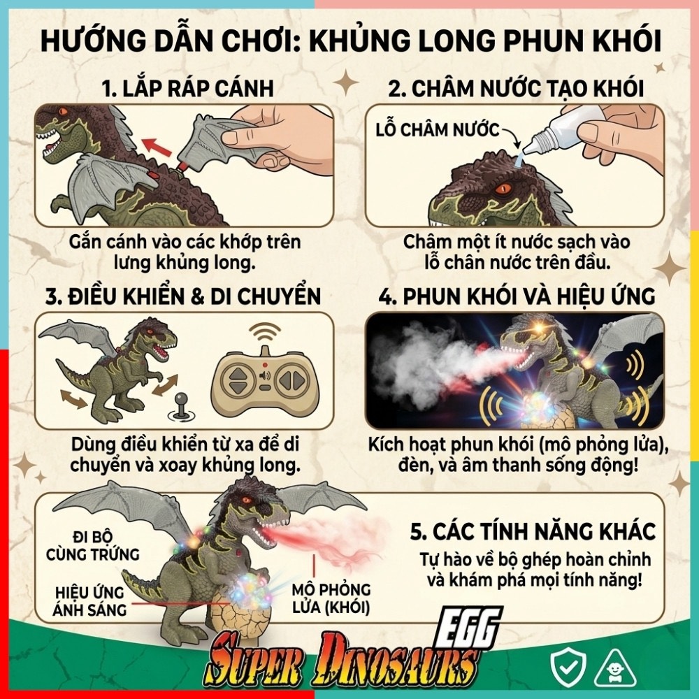 Khủng Long Điều Khiển Phun Khói Có Cánh Đèn Âm Thanh 8823Y PeeKaPaw Toys