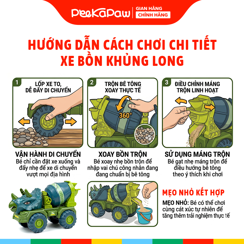 Xe Bồn Đầu Khủng Long Chạy Trớn 30cm 733-532 PeeKaPaw Toys