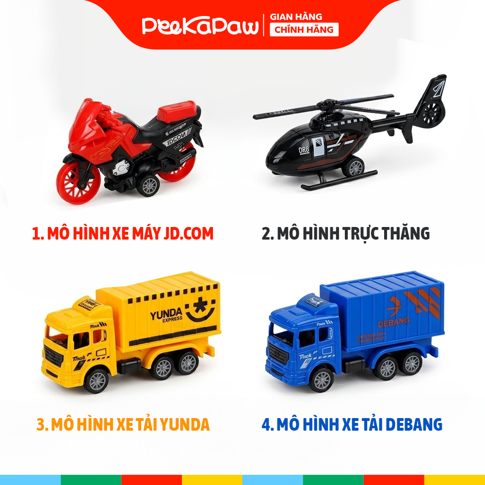 Túi 4 Xe Tải Máy Bay Chạy Trớn Pull Back Cho Bé BQ600-6 PeeKaPaw Toys