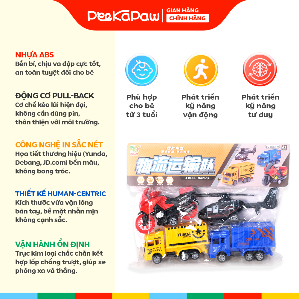 Túi 4 Xe Tải Máy Bay Chạy Trớn Pull Back Cho Bé BQ600-6 PeeKaPaw Toys