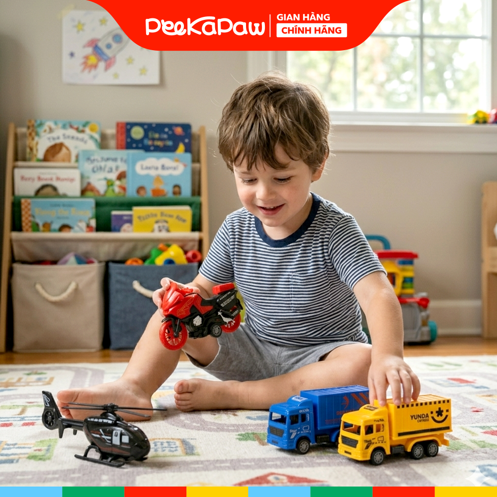 Túi 4 Xe Tải Máy Bay Chạy Trớn Pull Back Cho Bé BQ600-6 PeeKaPaw Toys
