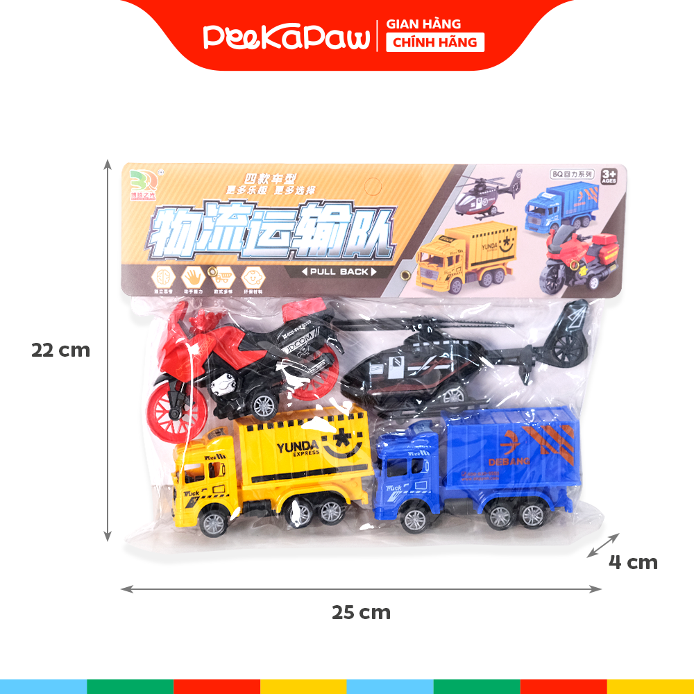 Túi 4 Xe Tải Máy Bay Chạy Trớn Pull Back Cho Bé BQ600-6 PeeKaPaw Toys