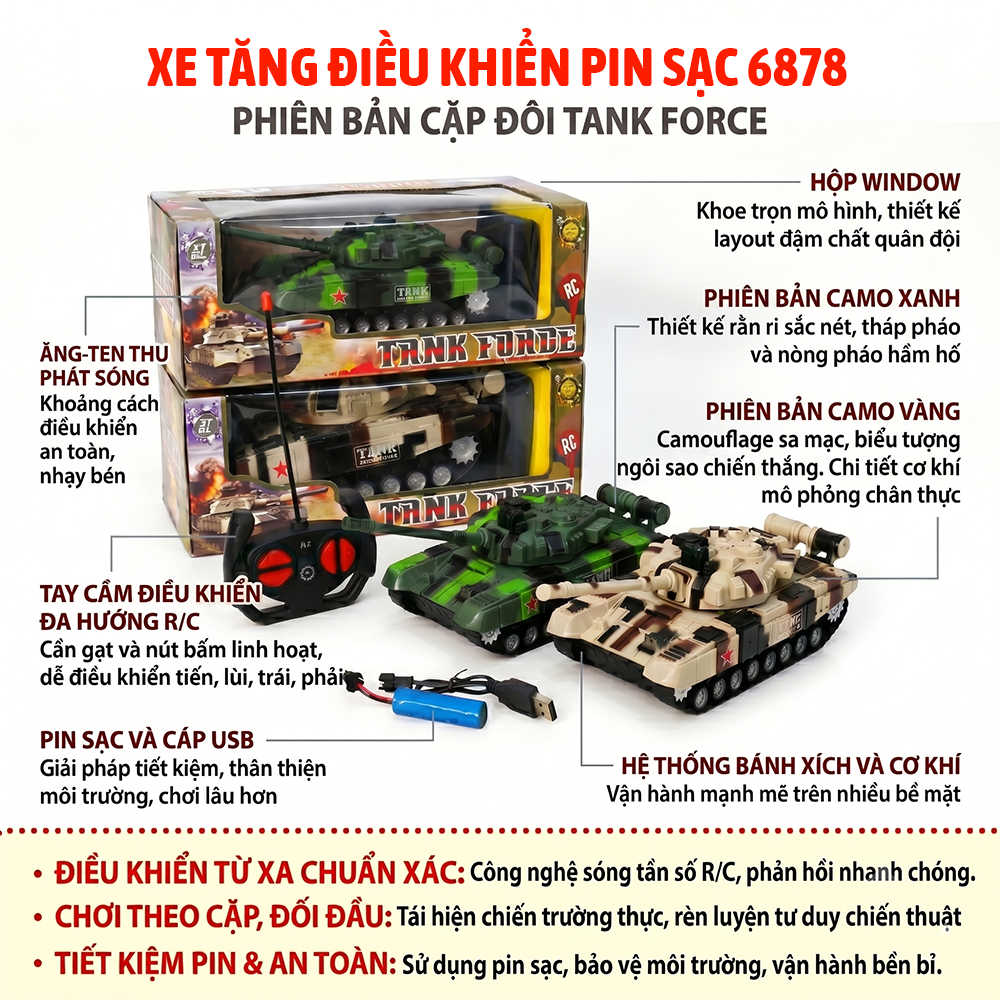 Xe Tăng Điều Khiển Pin Sạc 6878 Tank Force Cho Bé PeeKaPaw Toys