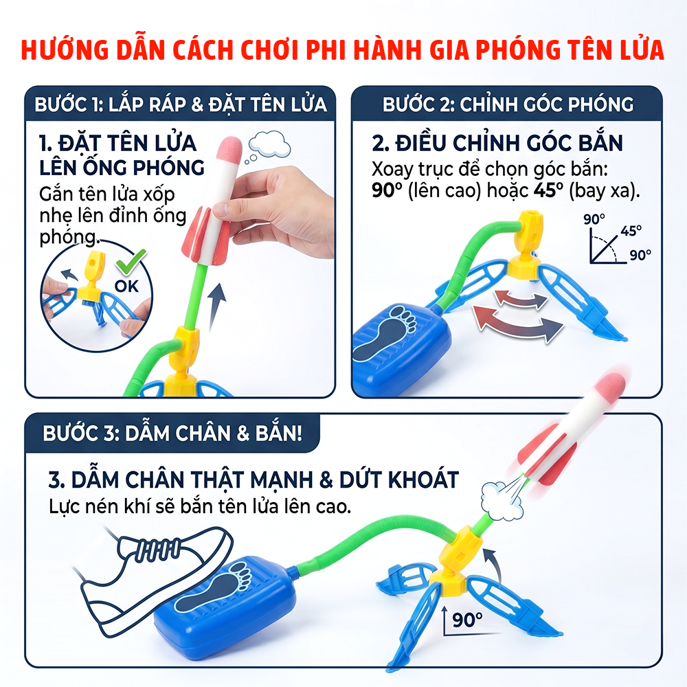 Phi hành gia phóng tên lửa đạp chân bay cao có đèn cho bé 3 tuổi PeeKaPaw Toys