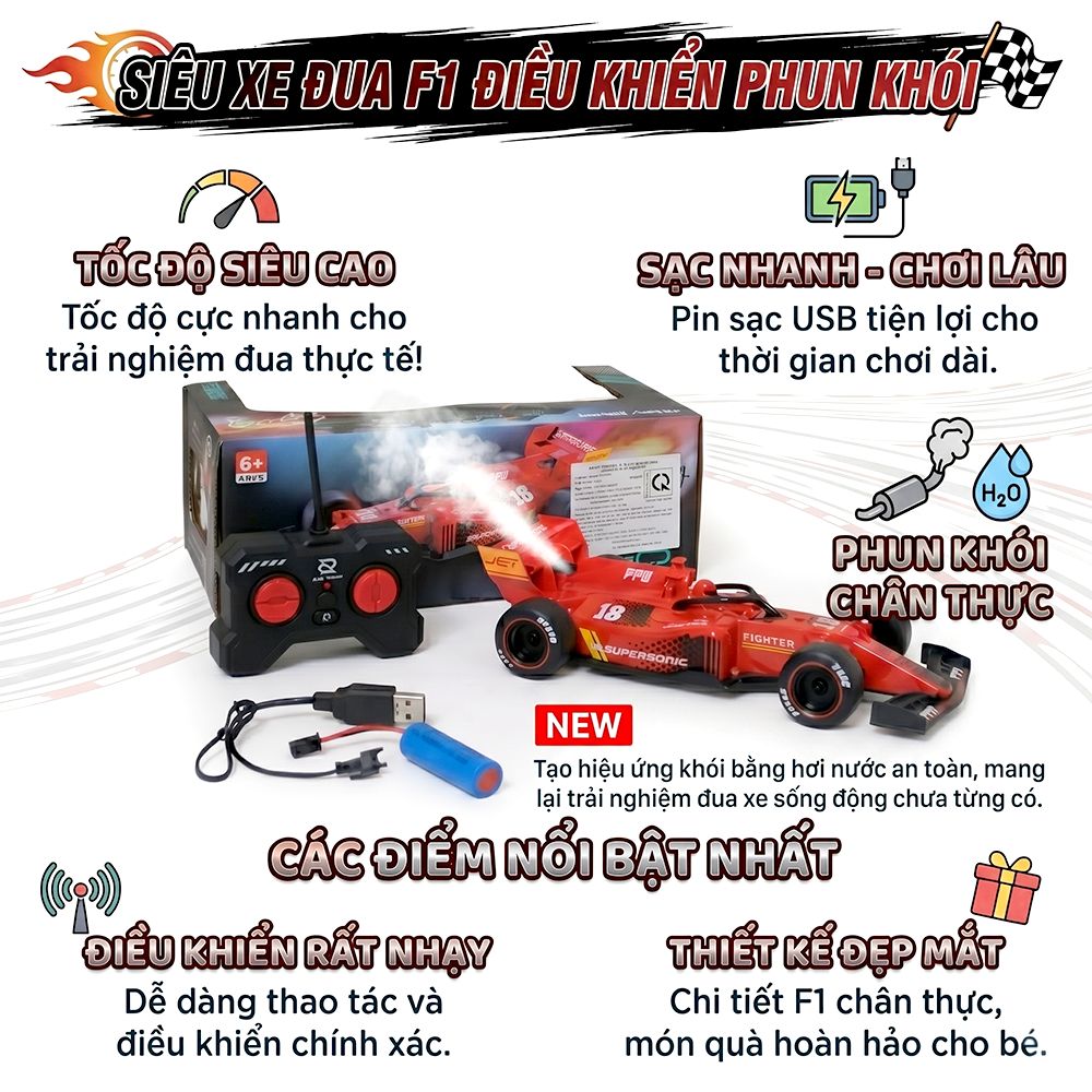 Xe Đua F1 Điều Khiển Từ Xa Phun Khói Pin Sạc 930-2A PeeKaPaw Toys