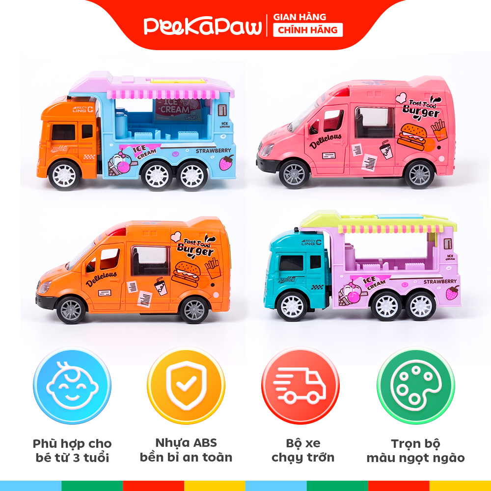 Túi 4 xe bán hàng food truck chạy trớn màu ngọt ngào 12cm 567-054 PeeKaPaw Toys