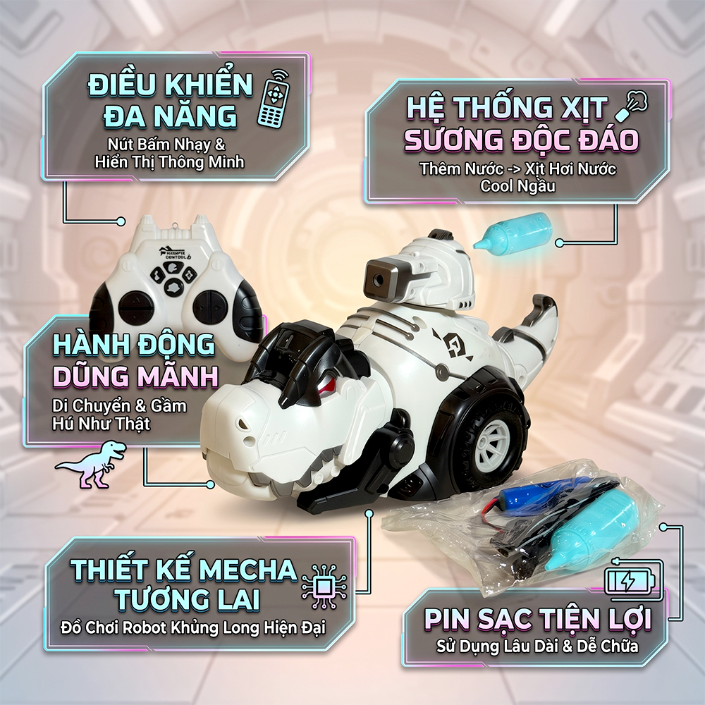Robot Khủng Long Điều Khiển Phun Khói Xoay 360 độ Pin Sạc PeeKaPaw Toys