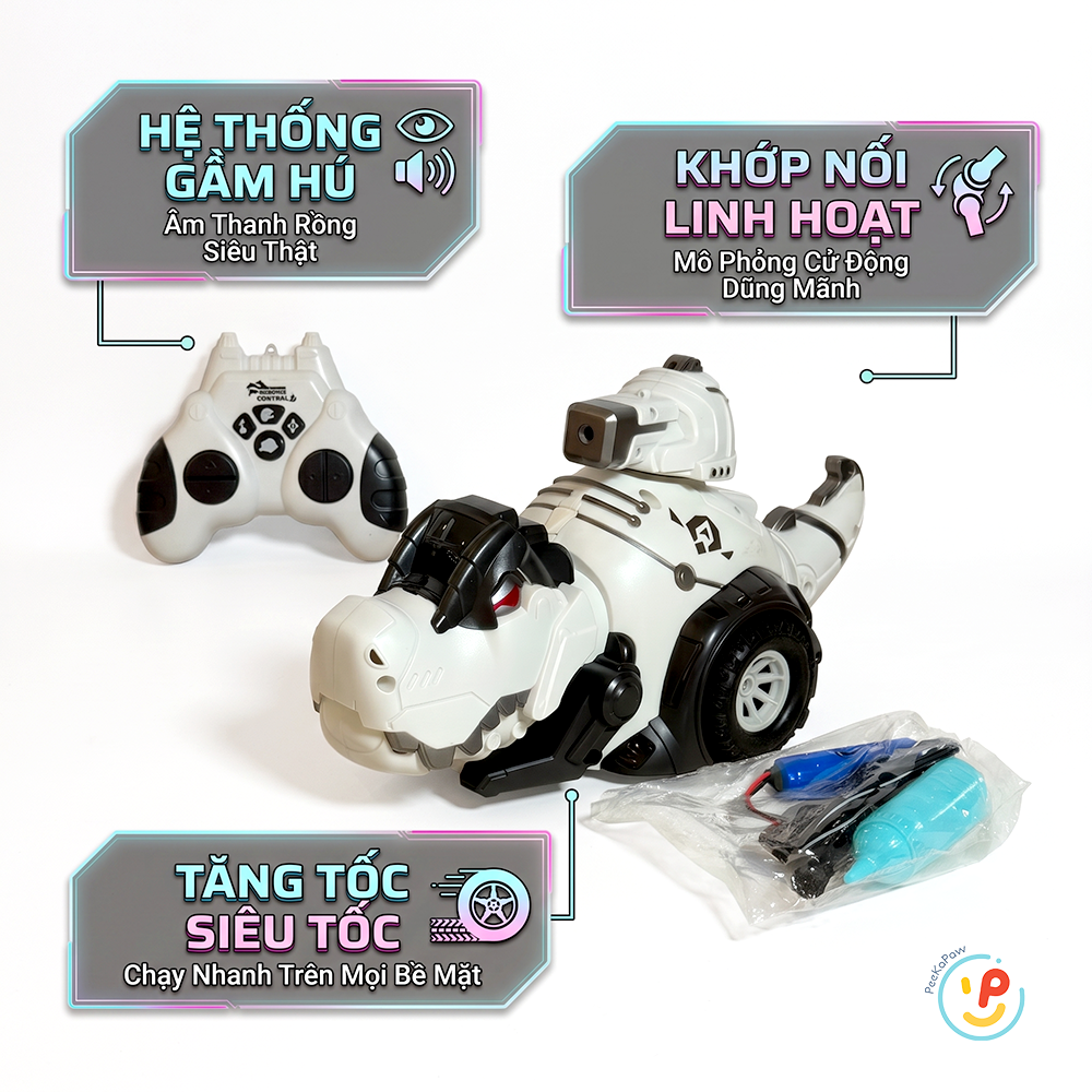 Robot Khủng Long Điều Khiển Phun Khói Xoay 360 độ Pin Sạc PeeKaPaw Toys