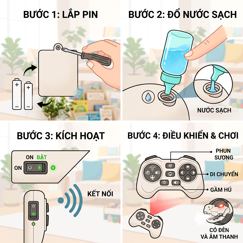 Robot Khủng Long Điều Khiển Phun Khói Xoay 360 độ Pin Sạc PeeKaPaw Toys