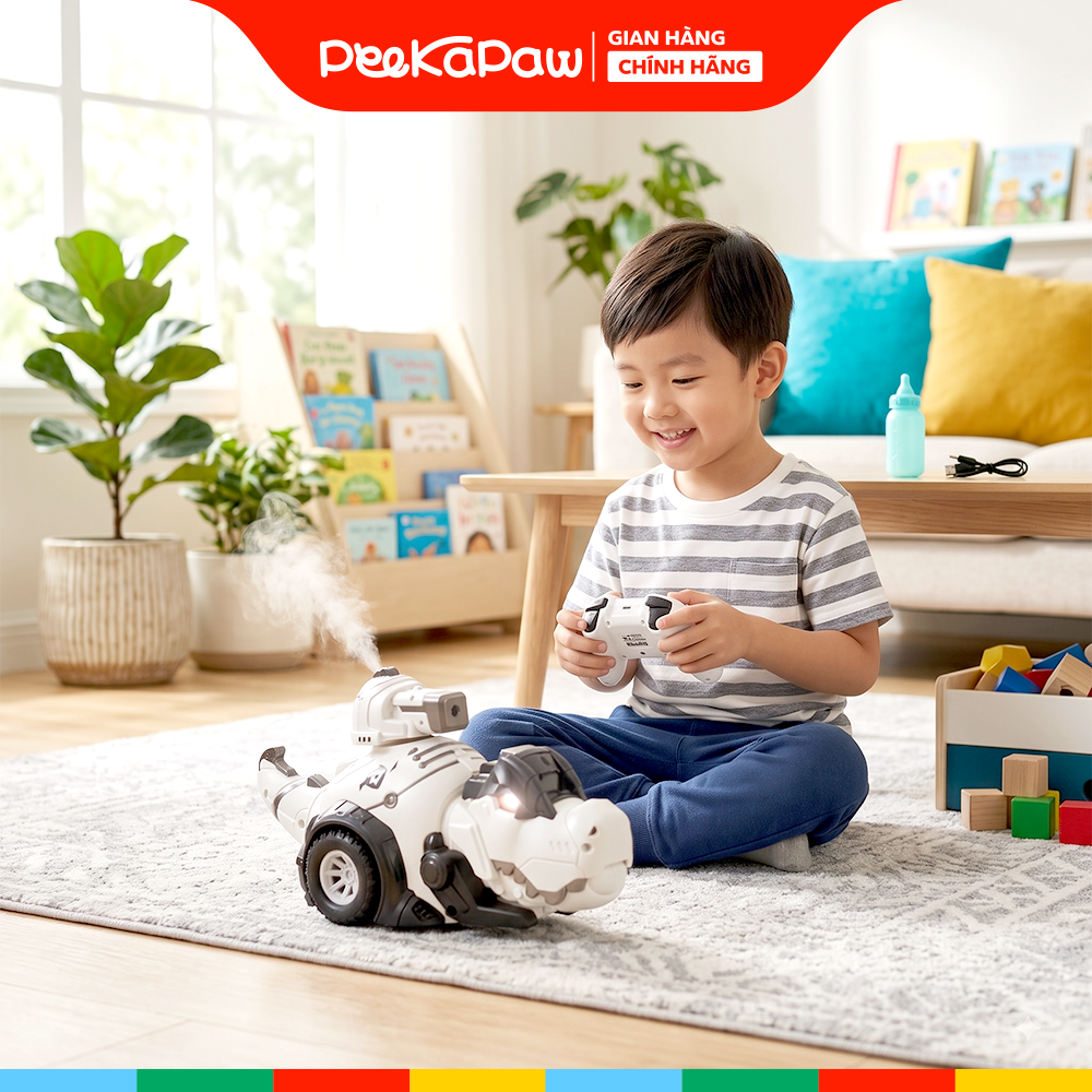 Robot Khủng Long Điều Khiển Phun Khói Xoay 360 độ Pin Sạc PeeKaPaw Toys