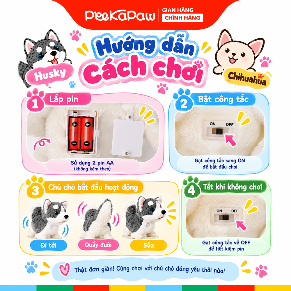 Đồ chơi thú cưng chạy pin biết quẩy đuôi di chuyển kêu tiếng PeeKaPaw Toys