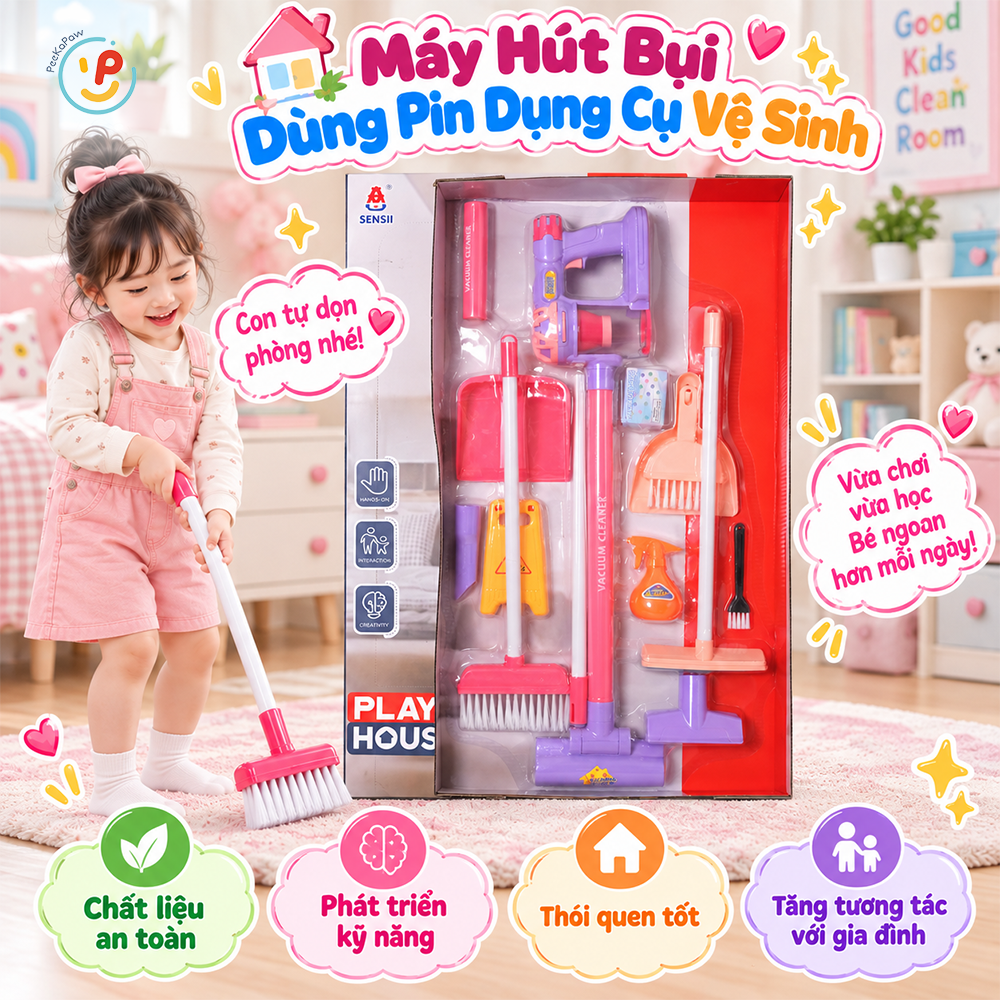 Đồ chơi máy hút bụi dùng pin dụng cụ vệ sinh cho bé 75cm 096-60 PeeKaPaw Toys