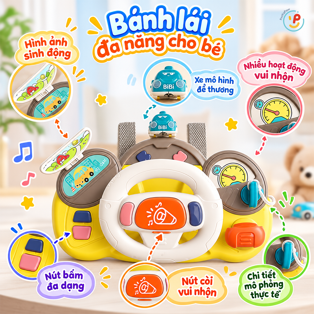 Đồ chơi vô lăng đa năng kết hợp lục lạc có đèn âm thanh cho bé 1-3 tuổi 6662 PeeKaPaw Toys
