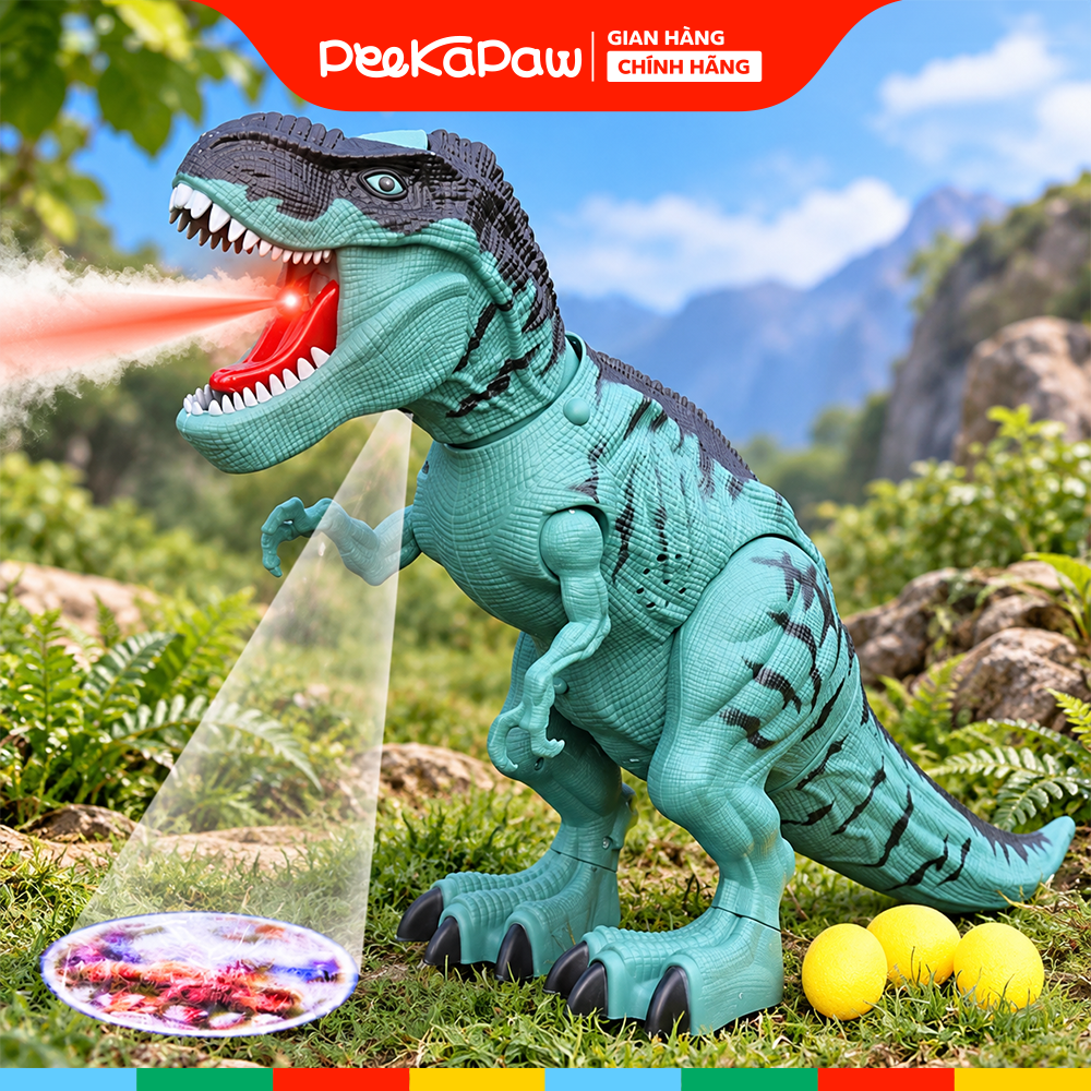 Khủng long chạy pin phun khói đẻ trứng chiếu hình 333-56 PeeKaPaw Toys