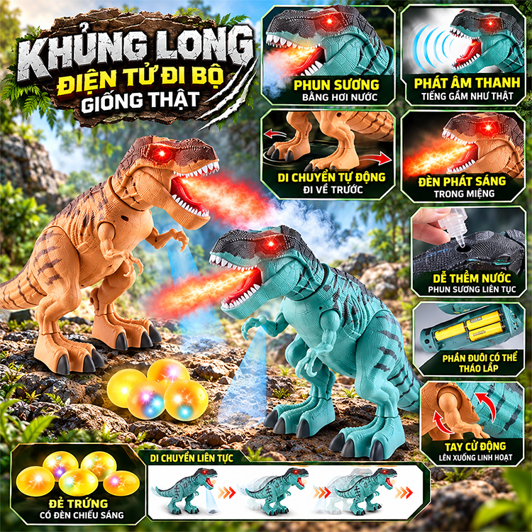 Khủng long chạy pin phun khói đẻ trứng chiếu hình 333-56 PeeKaPaw Toys